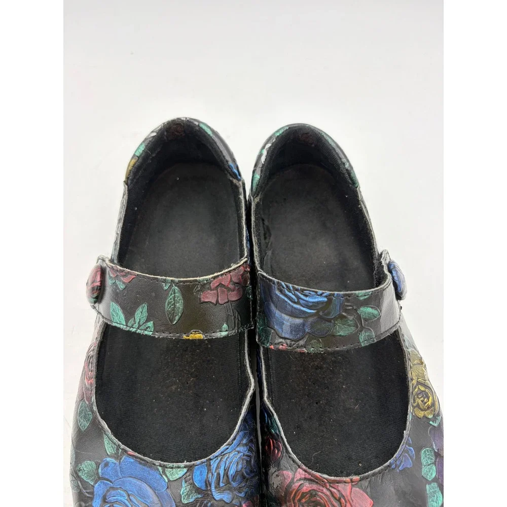 Spring Step Wajaria-Rose Black Floral Leather Mary Janes 9M Oil & Skid Resist